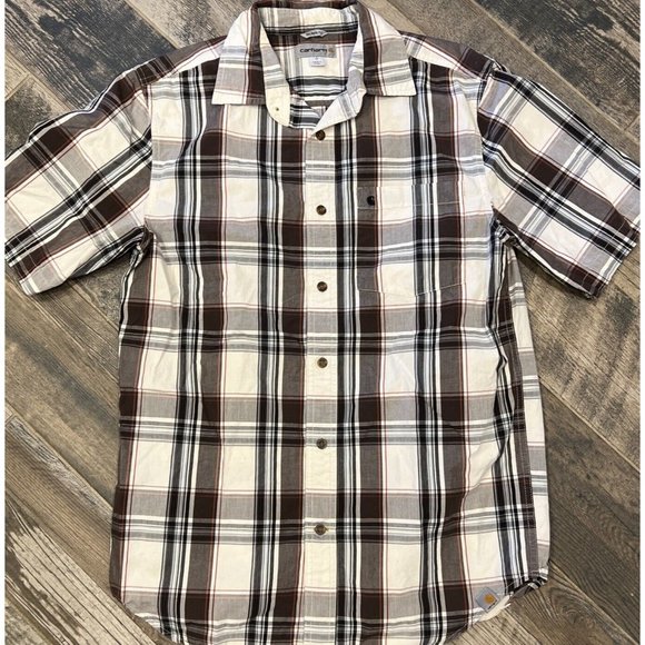 Carhartt Mens Brown Plaid Relaxed Fit Button‎ Short Sleeve Shirt Cotton Medium - Picture 1 of 6